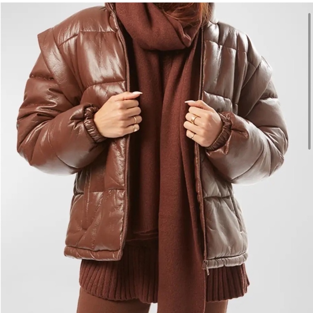 WeWoreWhat Snap Off Sleeve Matte Faux Leather Puffer Jacket | in cacao / brown